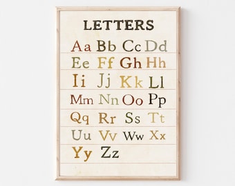Afdrukbare alfabetgrafiek, vintage ABC-muurkunst, poster educatieve brieven, decor thuisonderwijs, leren kinderkamerafdrukken