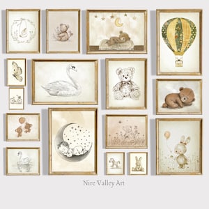 May include: A set of 12 framed prints featuring illustrations of animals, including bears, swans, rabbits, and a hot air balloon. The prints are in a vintage style with a neutral color palette of beige, brown, and white.