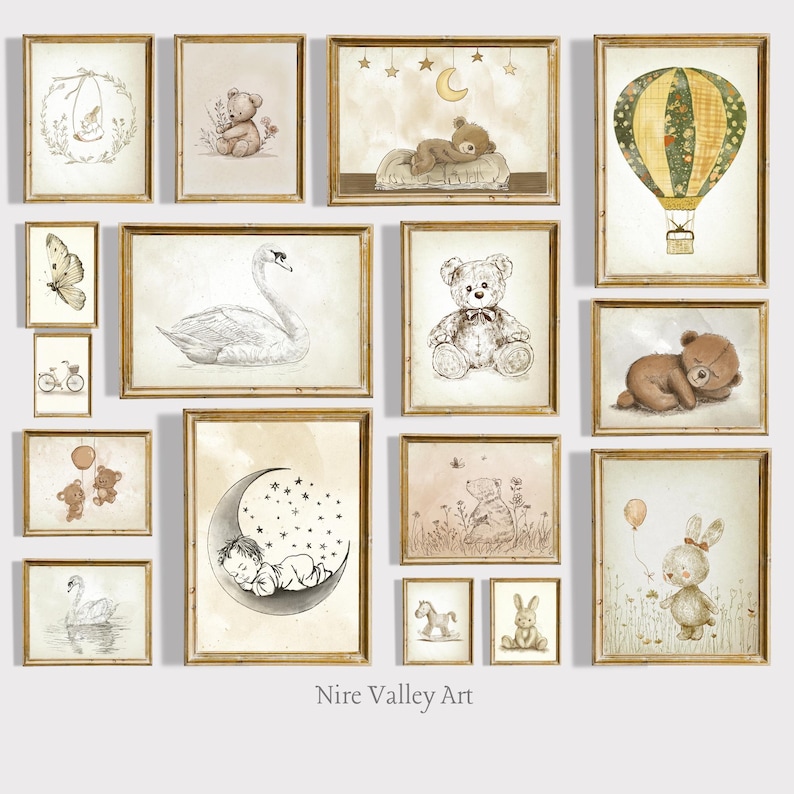 May include: A set of 12 framed prints featuring illustrations of animals, including bears, swans, rabbits, and a hot air balloon. The prints are in a vintage style with a neutral color palette of beige, brown, and white.