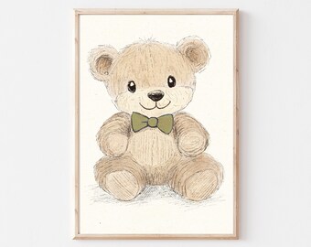 Vintage Nursery Toy Teddy Bear Sketch, Teddy Pink Bow Wall Art Printable, Vintage Illustration, Baby Room Decor