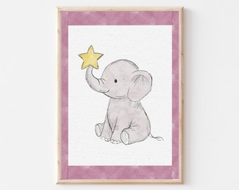 Arte de parede para berçário de elefante, estampa rosa de bebê elefante, decoração de animais de safári, ilustração fofa de elefante, pôster neutro para quarto infantil