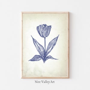 Vintage Floral Print, Blue Wall Decor, Tulips Gallery Wall Art, Botanical Fine Art Posters, Neutral Sketch Art Prints, Digital Download