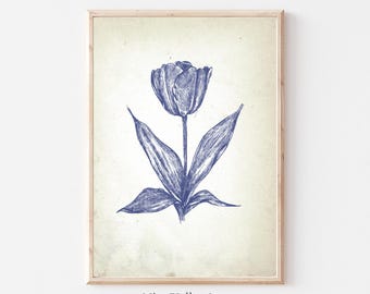 Impresión floral vintage, decoración de pared azul, arte de pared de galería de tulipanes, carteles de bellas artes botánicas, impresiones de arte de bocetos neutros, descarga digital