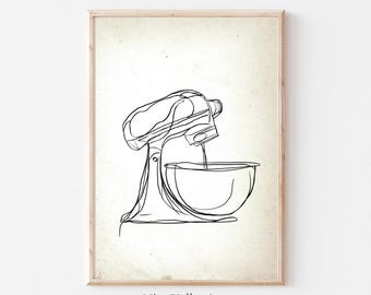 Kitchen Wall Art, Line Drawing Kitchen Prints, Mixer Print, Kitchen Decor, Line Art, Food Drink Print, Dining room wall decor,