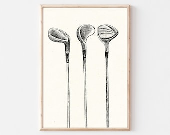 Impresión de palos de golf vintage, arte de pared de golf para guardería, imprimible de pared de galería deportiva infantil, decoración neutra, decoración de pared nostálgica, descarga digital