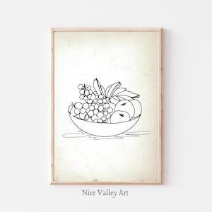 キッチンの壁アート、線画キッチンプリント、フルーツボウルプリント、キッチン装飾、線画、食品ドリンクプリント、ダイニングルームの壁装飾、
