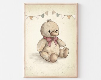 Ente Kinderzimmer Druck, Vintage druckbare Wandgalerie, rosa Ente Skizze, Bauernhaus Illustration, Baby Zimmer Dekor, digitaler Download