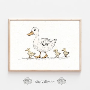 Vintage Ducks in a row  Print, Nursery Gallery Wall Printable, Gender Neutral Sketch , Farmhouse Nursery Illustration, Baby Room Decor