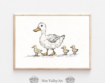 Vintage Ducks in a row  Print, Nursery Gallery Wall Printable, Gender Neutral Sketch , Farmhouse Nursery Illustration, Baby Room Decor