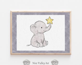Arte de pared de elefante para guardería, impresión de elefante bebé, decoración de animales de safari, ilustración de elefante adorable, póster para habitación infantil de género neutro