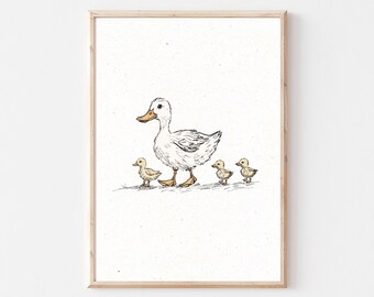 Vintage Ducks in a row  Print, Nursery Gallery Wall Printable, Gender Neutral Sketch , Farmhouse Nursery Illustration, Baby Room Decor