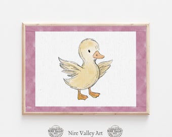 Arte de pared de pato para guardería, decoración vintage rosa para guardería, imprimible de galería, estampado rosa de bebé, decoración de habitación de bebé, descarga digital