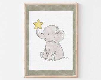 Arte de parede para berçário de elefante, estampa de bebê elefante verde-sálvia, decoração de animais de safári, ilustração fofa de elefante, pôster neutro para quarto infantil