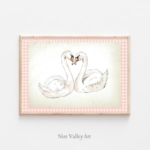 Vintage Swans Art Print, Nursery Printable Gallery Wall Art, Neutral Sketch Illustration,Romantic Heart Sketch, Digital Download
