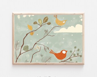 Vintage Nursery Gallery Wall Printables, Vintage Bird Sketch illustration Print,  Blue Nursery Print, Baby Boy room, Digital Download