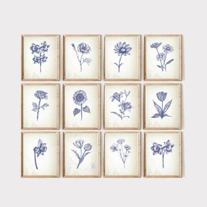 Vintage Flower Prints, Blue Wall Decor, Printable Minimalist Botanical Art Posters, Botanical Gallery Print Set of 12, Digital Download