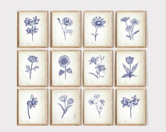 Estampados de flores vintage, decoración de pared azul, carteles de arte botánico minimalistas imprimibles, conjunto de impresión de galería botánica de 12, descarga digital