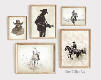 Western Prints, Vintage Gallery Wall Art Printables, Set of 5 Cowboy Cowgirl Prints,  Country Art, Ranch Decor Cowboy, Digital Download