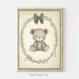 Vintage Nursery Toy Teddy Bear Sketch, Sage Green Bow Bear, Wall Art Printable, Vintage Illustration, Baby Room Decor