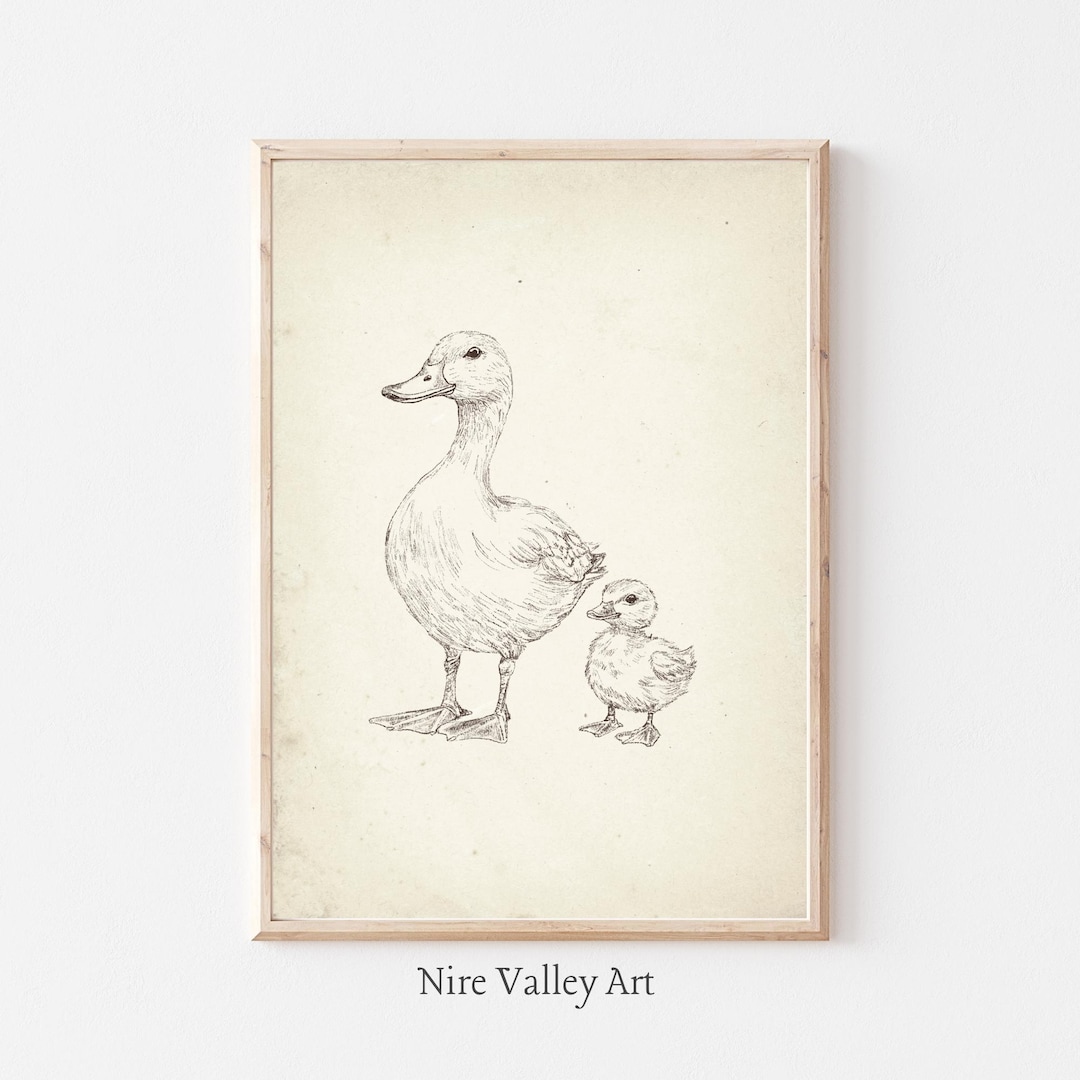 Vintage Mother Duck and Duckling Print, Nursery Gallery Wall Printable ...