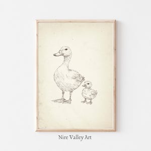Vintage Mother Duck and Duckling Print, Nursery Gallery Wall Printable, Gender Neutral Sketch , Farmhouse Illustration, Baby Room Decor