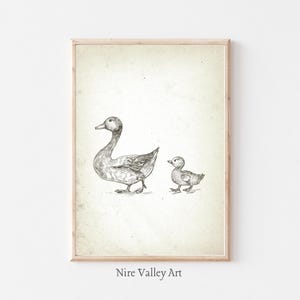 Vintage Mother Duck and Duckling Print, Nursery Gallery Wall Printable, Gender Neutral Sketch , Farmhouse Illustration, Baby Room Decor