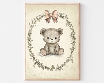 Vintage Nursery Toy Teddy Bear Sketch, Neutral Bow Bear, Wall Art Printable, Vintage Illustration, Baby Room Decor