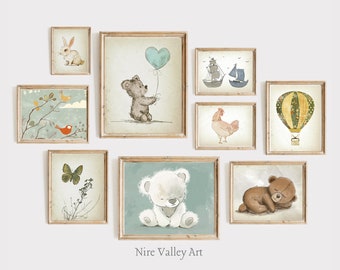 Vintage Nursery Prints set, Baby Boy Nursery Gallery Wall Printables, 9 Vintage child prints, Boys Bedroom,  Digital Download