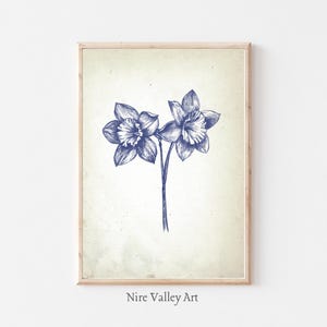 Vintage Floral Print, Blue Wall Decor, Daffodil Gallery Wall Art, Botanical Fine Art Posters, Neutral Sketch Art Prints, Digital Download