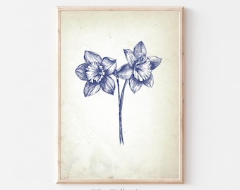 Impresión floral vintage, decoración de pared azul, arte de pared de galería de narcisos, carteles de bellas artes botánicas, impresiones de arte de bocetos neutros, descarga digital