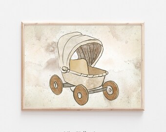 Vintage Nursery  Print, Gender Neutral Pram Wall Art Printable, Vintage Illustration, Baby Room Decor Sketch