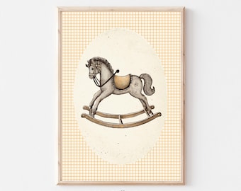 Yellow Vintage Nursery Gallery Wall, Rocking Horse, Gender Neutral Sketch Art Prints, Vintage Illustration, Baby Room Decor,Digital Download