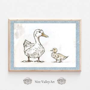 Vintage moeder eend en baby eend print, blauwe kinderkamer galerie muur afdrukbare muur, baby jongen schets, boerderij illustratie, babykamer decor