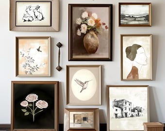 Vintage Gallery Wall Set of  9, Farmhouse Wall Art Set, Cottage Core Gallery Set, Neutral Tones, DIGITAL DOWNLOAD