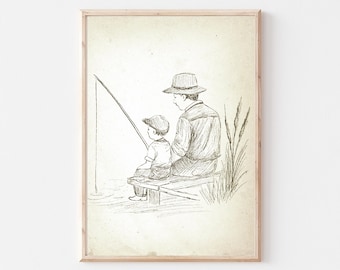 Vintage Fishing Print, Father and Son Print, Nursery Wall Art, Kids Gallery Wall Printable, Gender Neutral Print, Nostalgic Wall Decor