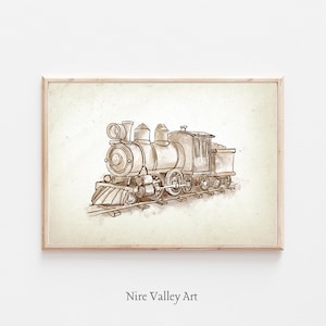 May include: A sepia-toned framed print featuring a detailed illustration of a vintage steam train. The artwork showcases the train's engine, wheels, and coal car, all rendered in a sketched style. The text "Nire Valley Art" is at the bottom.