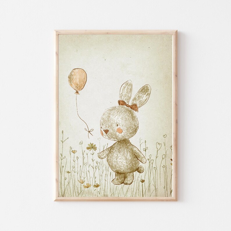 May include: A brown bunny with a pink bow holding a peach-colored balloon in a field of green grass with yellow flowers.