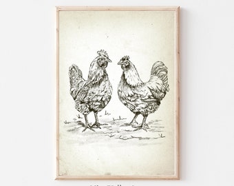 Impresión de pollo vintage, Arte de pared de granja, Pintura de granja rural, Impresión de gallinas y pollitos de guardería, Imprimibles de granja