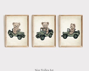 Vintage Teddy Bear Nursery Prints, Set of 3 Sage Green Vintage Jeep Car Printables, Nursery  Print, Antique Children's Poster Print