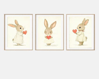 Vintage Bunny Rabbit Nursery Gallery Wall Art Set, Set of 3 Cute Bunny Prints, Gender Neutral Prints, Vintage Illustration Baby Room Decor