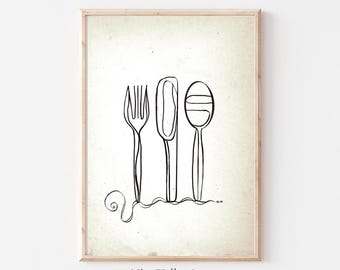 Kitchen Wall Art, Line Drawing Kitchen Prints, Cutlery Print, Kitchen Decor, Line Art, Food Drink Print, Knife Fork Dining room wall decor,