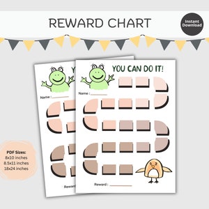 Op de afbeelding: Printbare beloningskaart met een groene kikker en een pinguïn. De kaart heeft een pad met 20 vierkanten om in te kleuren. De tekst "You Can Do It!" staat bovenaan de kaart. De kaart is verkrijgbaar in drie formaten: 8x10 inch, 8,5x11 inch en 18x24 inch.