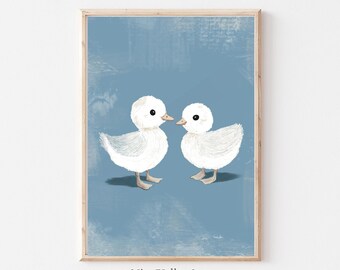 Stampa di anatra per bambini, arte murale blu, stampabile da parete con galleria d'epoca, schizzo per bambini, decorazione per la cameretta dei neonati, download digitale
