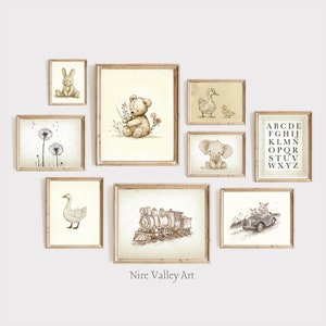 Vintage Nursery Print, Set of 9 Vintage Gallery Wall Printables, Gender Neutral Baby room Art, Digital Download