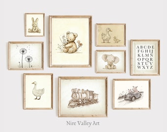 Lámina de guardería vintage, juego de 9 impresiones de pared de galería vintage, arte de habitación de bebé de género neutro, descarga digital