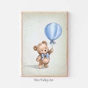 Teddy Bear Nursery Wall Art Print, Vintage Nursery Print, Blue Balloon, Boys Sketch Art Printable, Vintage Baby Boys Room Decor