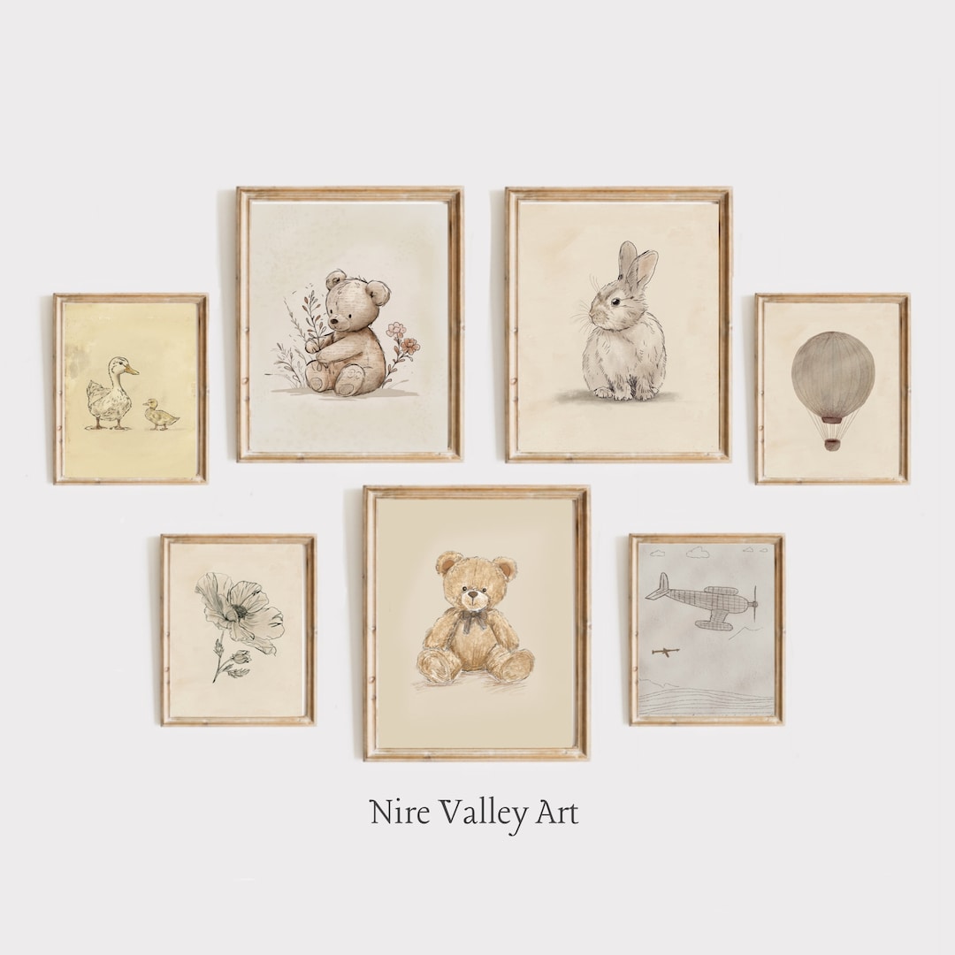 Vintage Nursery Gallery Wall Set,gender Neutral Sketch Bundle Art ...