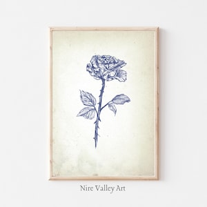 Impresión floral vintage, decoración de pared azul, arte de pared de galería de flores de rosas, carteles de bellas artes botánicas, impresión de bocetos neutros, descarga digital