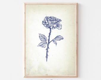 Impresión floral vintage, decoración de pared azul, arte de pared de galería de flores de rosas, carteles de bellas artes botánicas, impresión de bocetos neutros, descarga digital