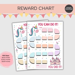 Tabella premi unicorno per bambini piccoli, tabella premi rosa per bambine stampabile, tabella premi castello per bambini, tabella addestramento al vasino, tabella comportamento